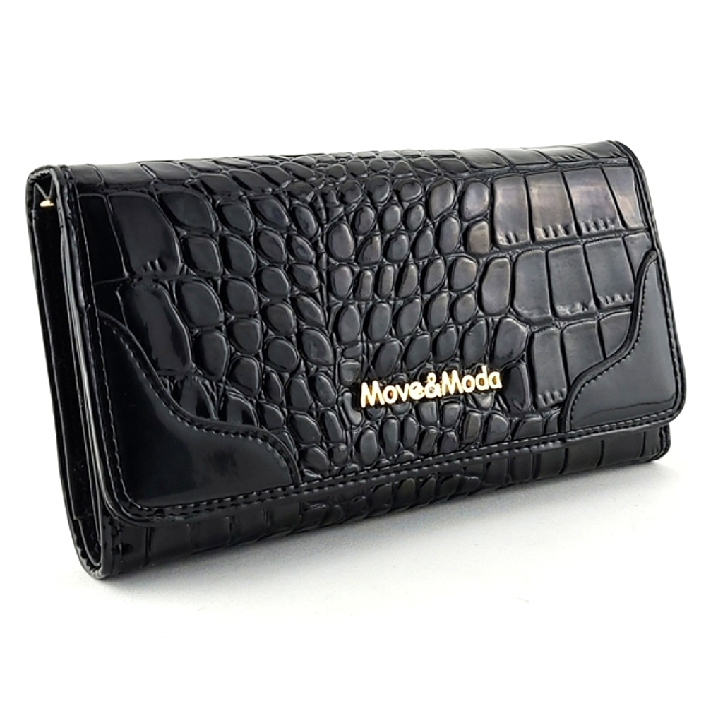 Move&Moda Women's Black Patent Mock-Croc Trifold Wallet  Clutch